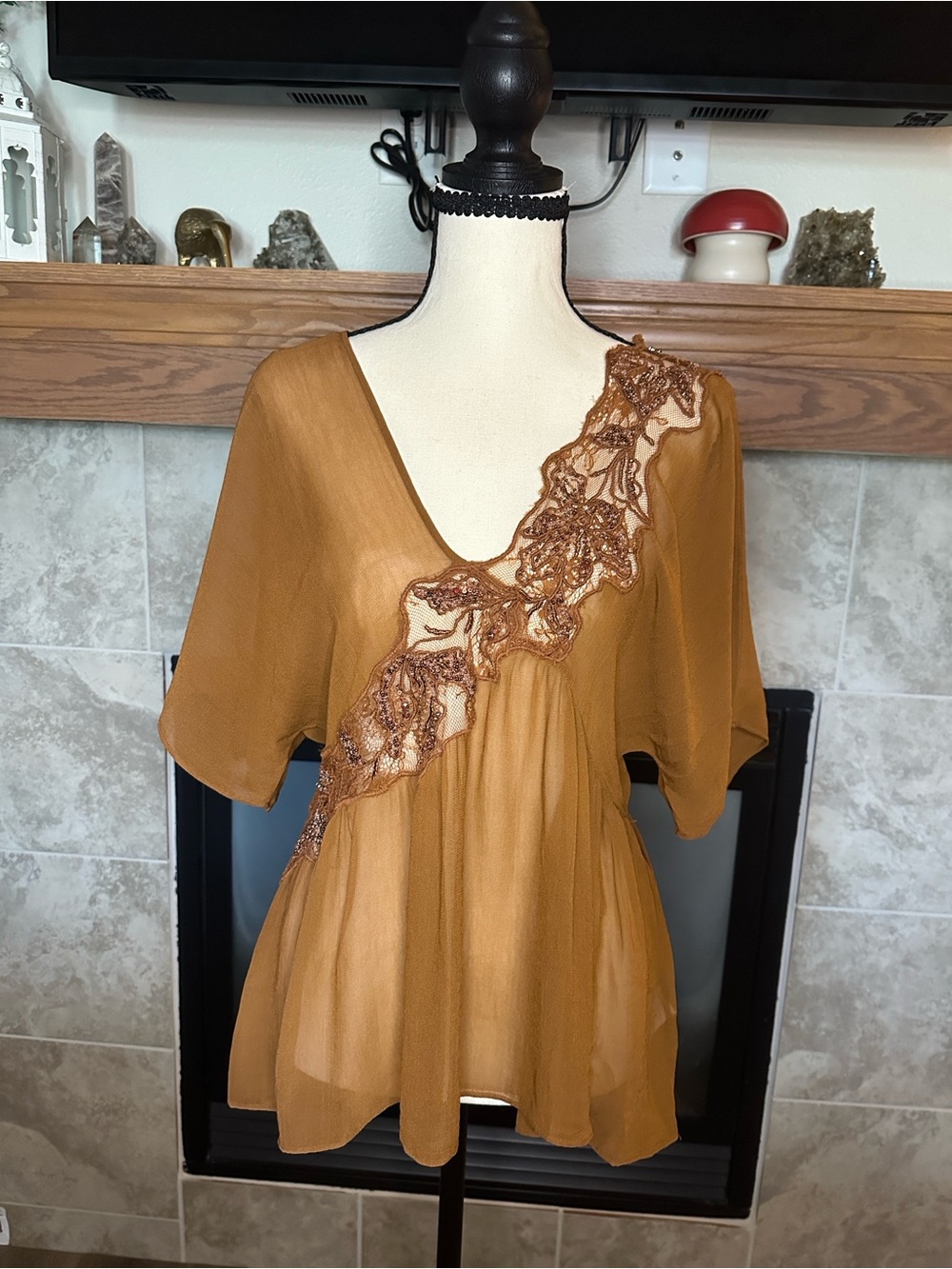 Zara Women’s Cottagecore Brown Embroidered Beaded V-Neck Top Size M